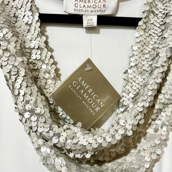 NWT American Glamour Badgley Mischka 2X Ivory Tank Top With Beige Sequin Cowl Nk - Picture 6 of 7